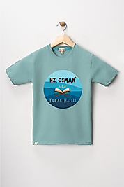 Erkek Çocuk Kısa Kollu Bisiklet Yaka "Hz Osman" Baskılı Tişört Mevsimlik Pamuklu