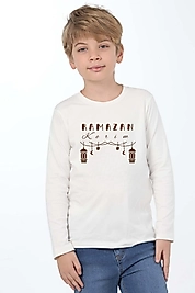 Erkek Çocuk Uzun Kollu Bisiklet Yaka "Ramazan Kerim" Baskılı Tişört Mevsimlik Pamuklu