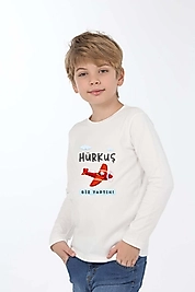 Erkek Çocuk Uzun Kollu Bisiklet Yaka "Hürkuş Biz Yaptık"  Baskılı Tişört Mevsimlik Pamuklu