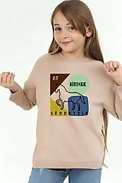 Kız Çocuk "At Binmek Sünnettir" Baskılı Pamuklu Sweat