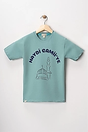 Erkek Çocuk Kısa Kollu Bisiklet Yaka "Haydi Camiye" Baskılı Tişört Mevsimlik Pamuklu