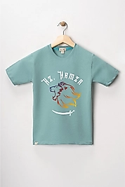 Erkek Çocuk Kısa Kollu Bisiklet Yaka "Hz Hamza"  Aslan Baskılı Tişört Mevsimlik Pamuklu