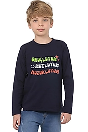 Erkek Çocuk Uzun Kollu Bisiklet Yaka "Oruçluyum Mutluyum" Baskılı Tişört Mevsimlik Pamuklu