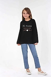 Kız Çocuk Uzun Kollu Bisiklet Yaka "Hz Zeynep" Baskılı Tişört Mevsimlik Pamuklu