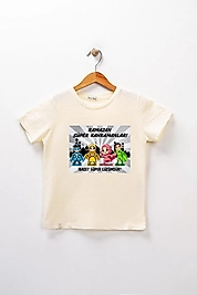 Kız Çocuk Kısa Kollu Bisiklet Yaka "Ramazan Kahramanları" Baskılı Tişört Mevsimlik Pamuklu