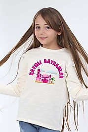 Kız Çocuk Uzun Kollu Bisiklet Yaka "Hayırlı Bayramlar" Baskılı Tişört Mevsimlik Pamuklu