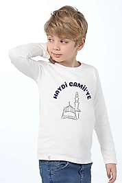 Erkek Çocuk Uzun Kollu Bisiklet Yaka "Haydi Camiye"  Baskılı Tişört Mevsimlik Pamuklu